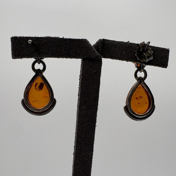 Sterling Silver Amber Teardrop Dangle Earrings Post Drop Pierced Vintage - Picture 5 of 9